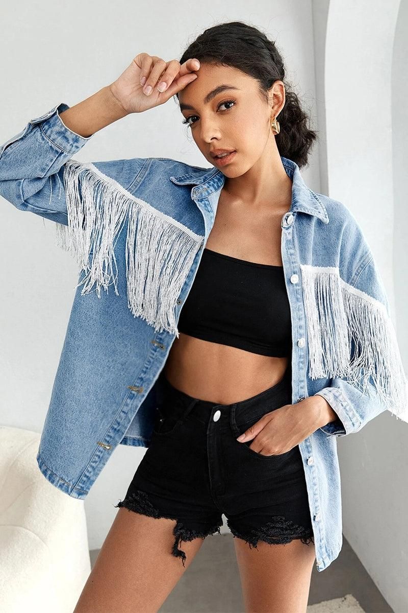 TASSEL DETAILED BUTTON DOWN DENIM JACKET - Doublju