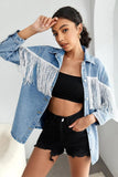 TASSEL DETAILED BUTTON DOWN DENIM JACKET - Doublju