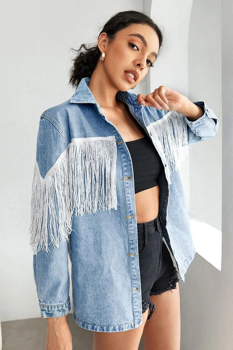 TASSEL DETAILED BUTTON DOWN DENIM JACKET - Doublju