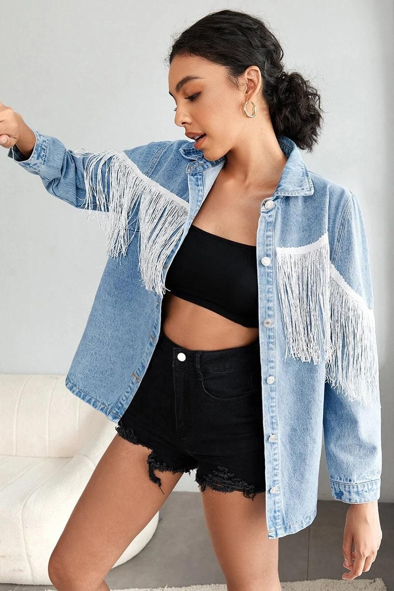 TASSEL DETAILED BUTTON DOWN DENIM JACKET - Doublju