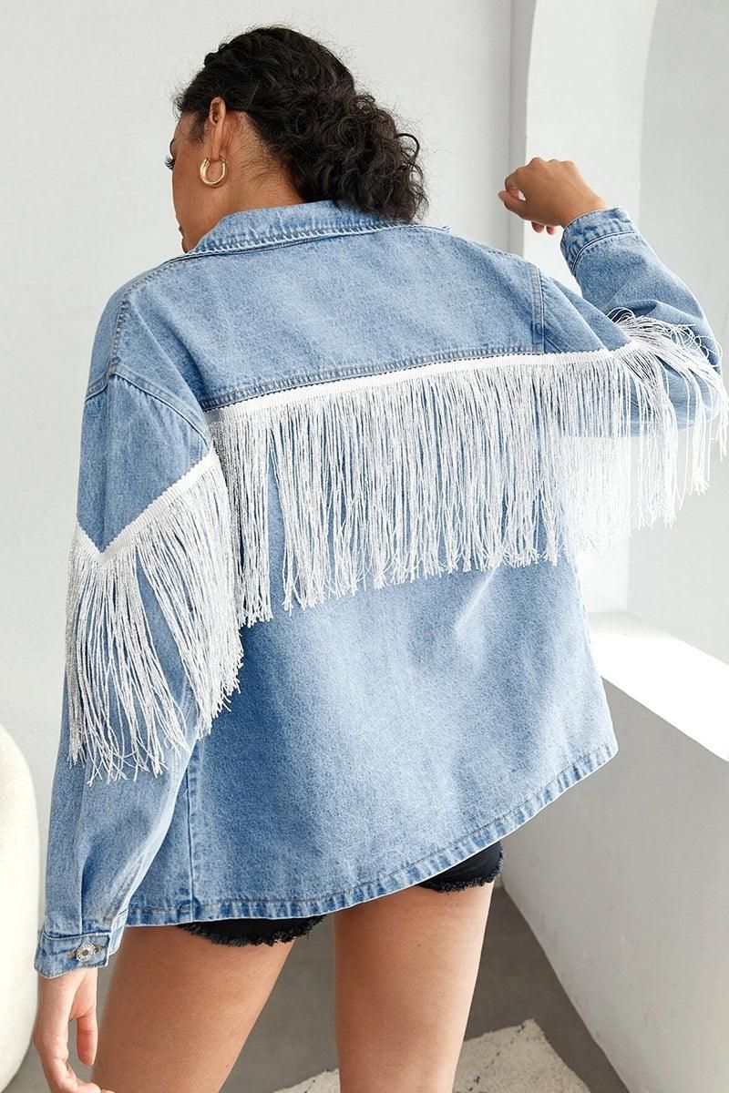 TASSEL DETAILED BUTTON DOWN DENIM JACKET - Doublju