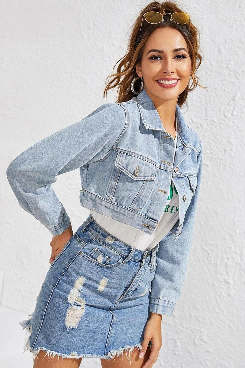 DISTRESSED CROP DENIM JACKET WITH POCKETS - Doublju