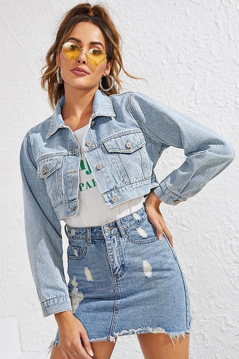 DISTRESSED CROP DENIM JACKET WITH POCKETS - Doublju