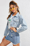 DISTRESSED CROP DENIM JACKET WITH POCKETS - Doublju