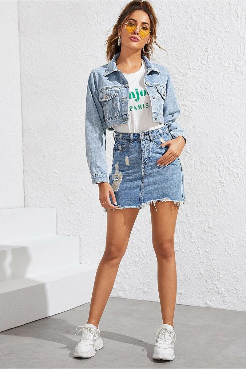 DISTRESSED CROP DENIM JACKET WITH POCKETS - Doublju