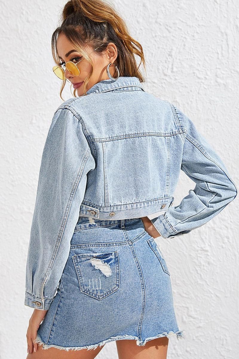 DISTRESSED CROP DENIM JACKET WITH POCKETS - Doublju