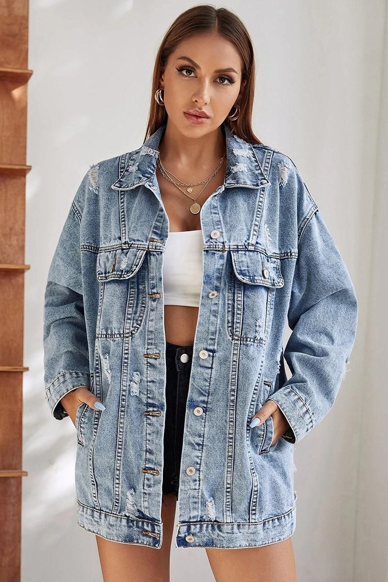 LOOSE FIT LONG SLEEVE DENIM JACKET WITH POCKETS - Doublju