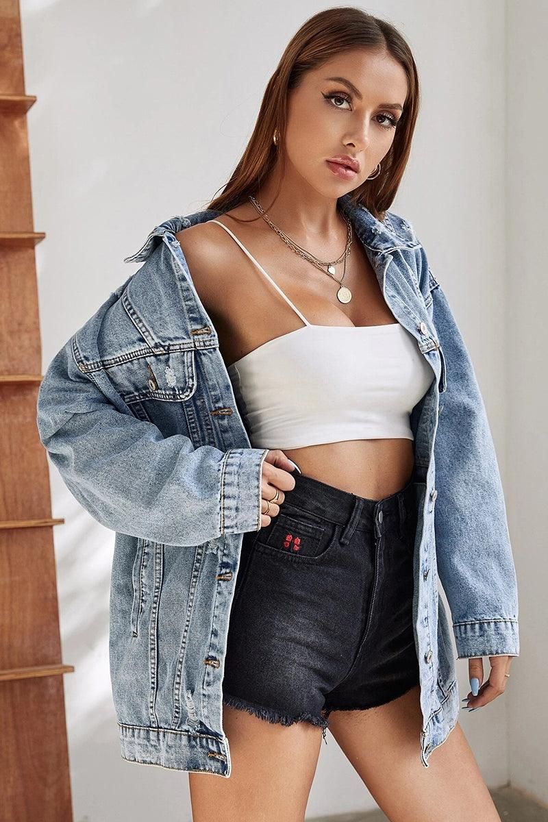 LOOSE FIT LONG SLEEVE DENIM JACKET WITH POCKETS - Doublju