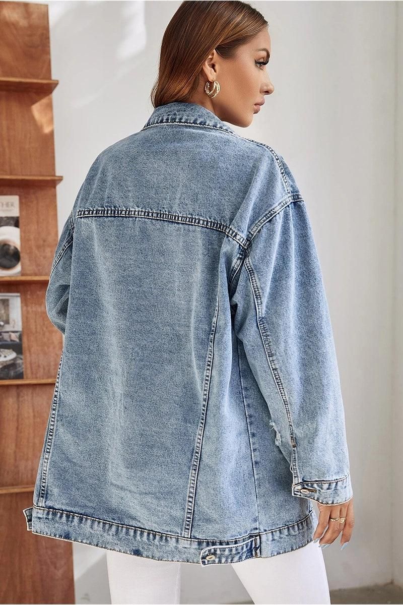 LOOSE FIT LONG SLEEVE DENIM JACKET WITH POCKETS - Doublju