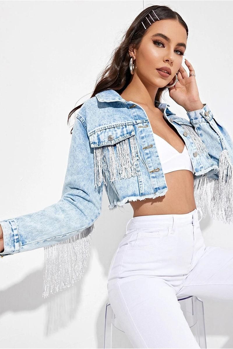 TASSEL DETAILED CROP DENIM JACKET - Doublju