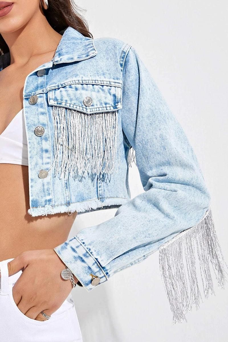 TASSEL DETAILED CROP DENIM JACKET - Doublju