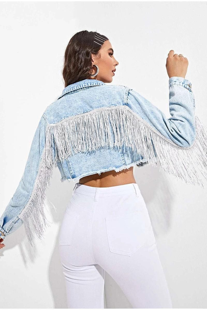 TASSEL DETAILED CROP DENIM JACKET - Doublju