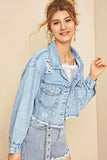 DISTRESSED SHORT DENIM JACKET WITH POCKETS - Doublju