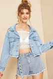 DISTRESSED SHORT DENIM JACKET WITH POCKETS - Doublju