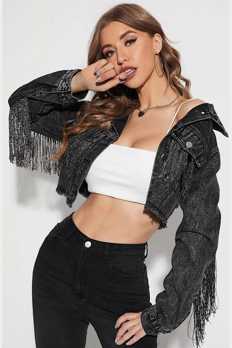 TASSEL DETAILED CROP DENIM JACKET - Doublju