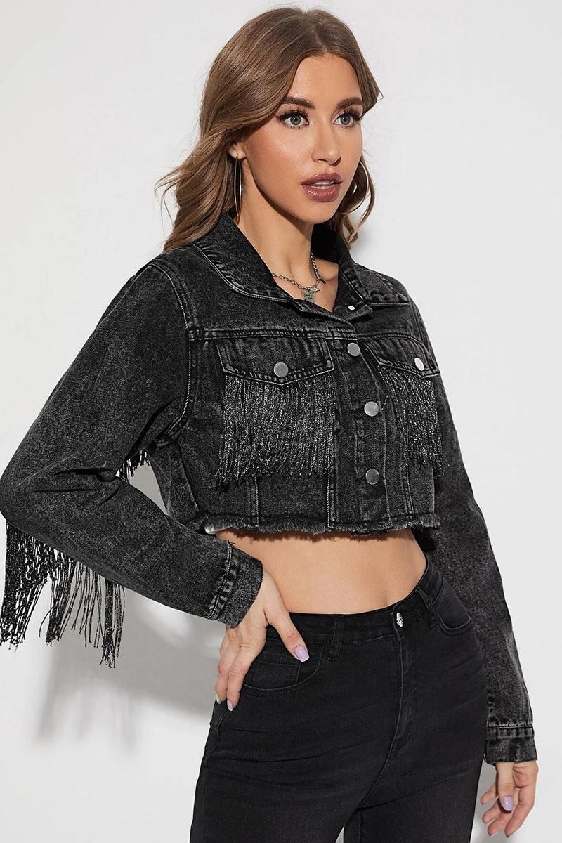 TASSEL DETAILED CROP DENIM JACKET - Doublju