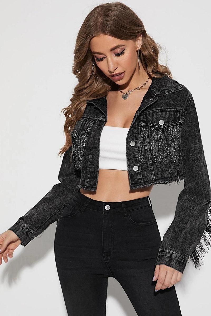 TASSEL DETAILED CROP DENIM JACKET - Doublju