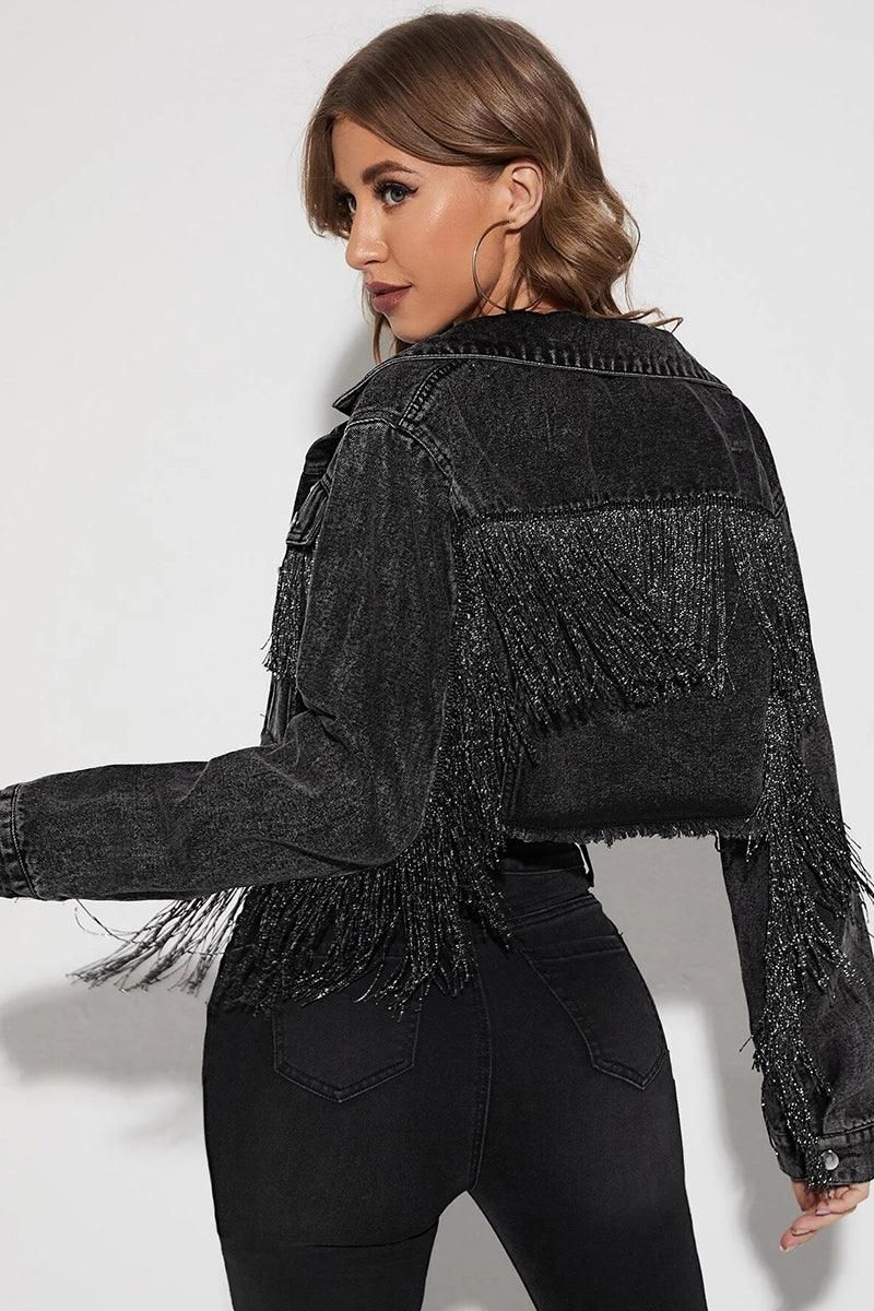 TASSEL DETAILED CROP DENIM JACKET - Doublju