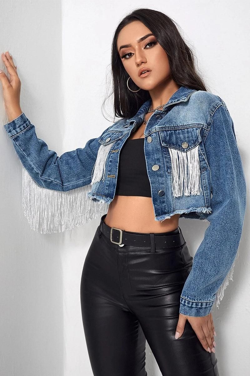 TASSEL DETAILED CROP DENIM JACKET - Doublju