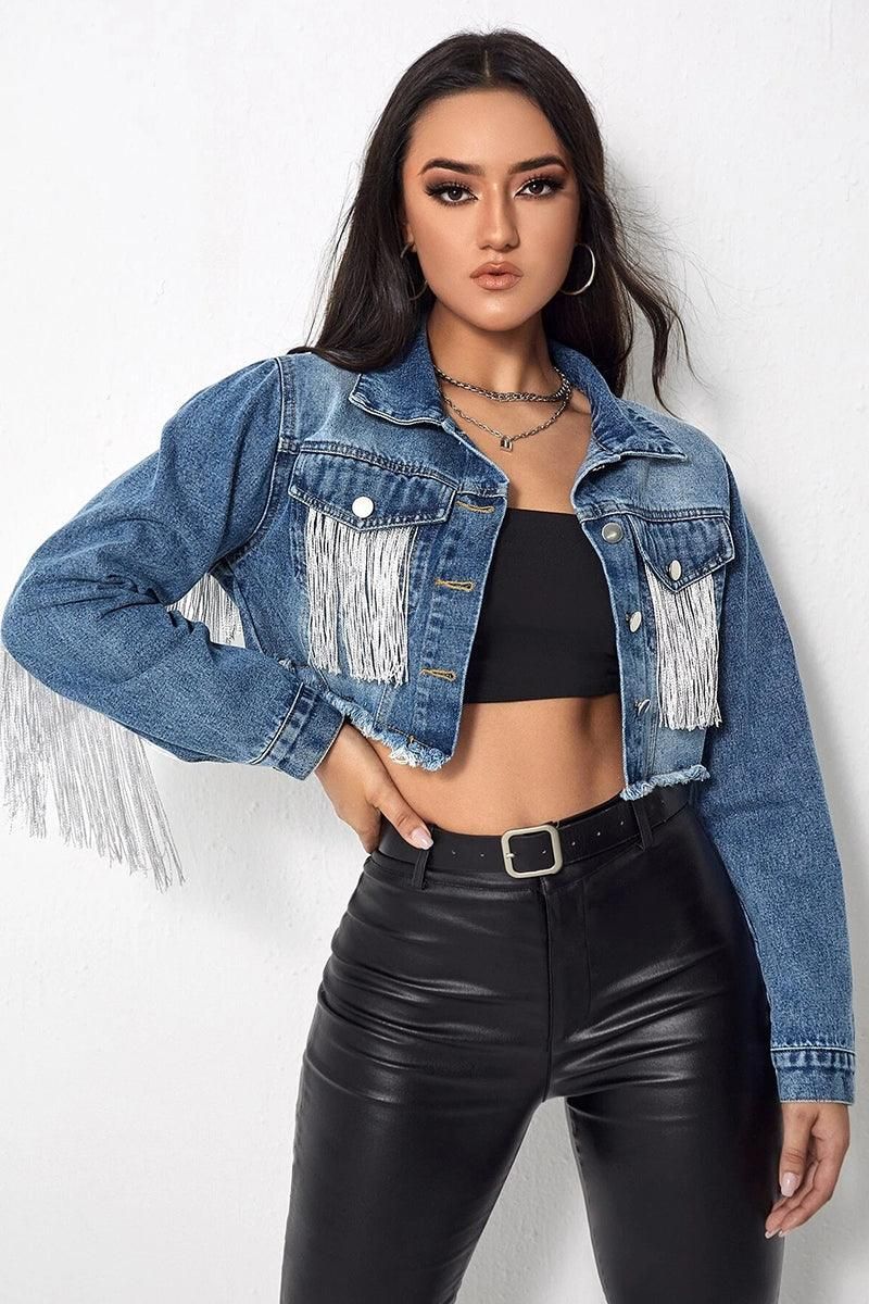 TASSEL DETAILED CROP DENIM JACKET - Doublju