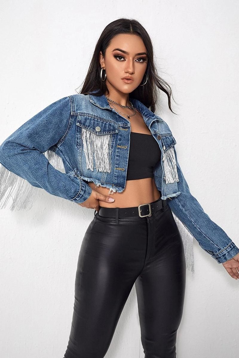 TASSEL DETAILED CROP DENIM JACKET - Doublju