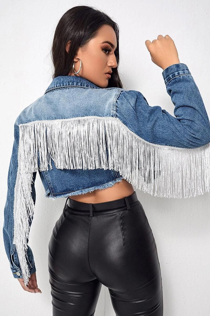 TASSEL DETAILED CROP DENIM JACKET - Doublju