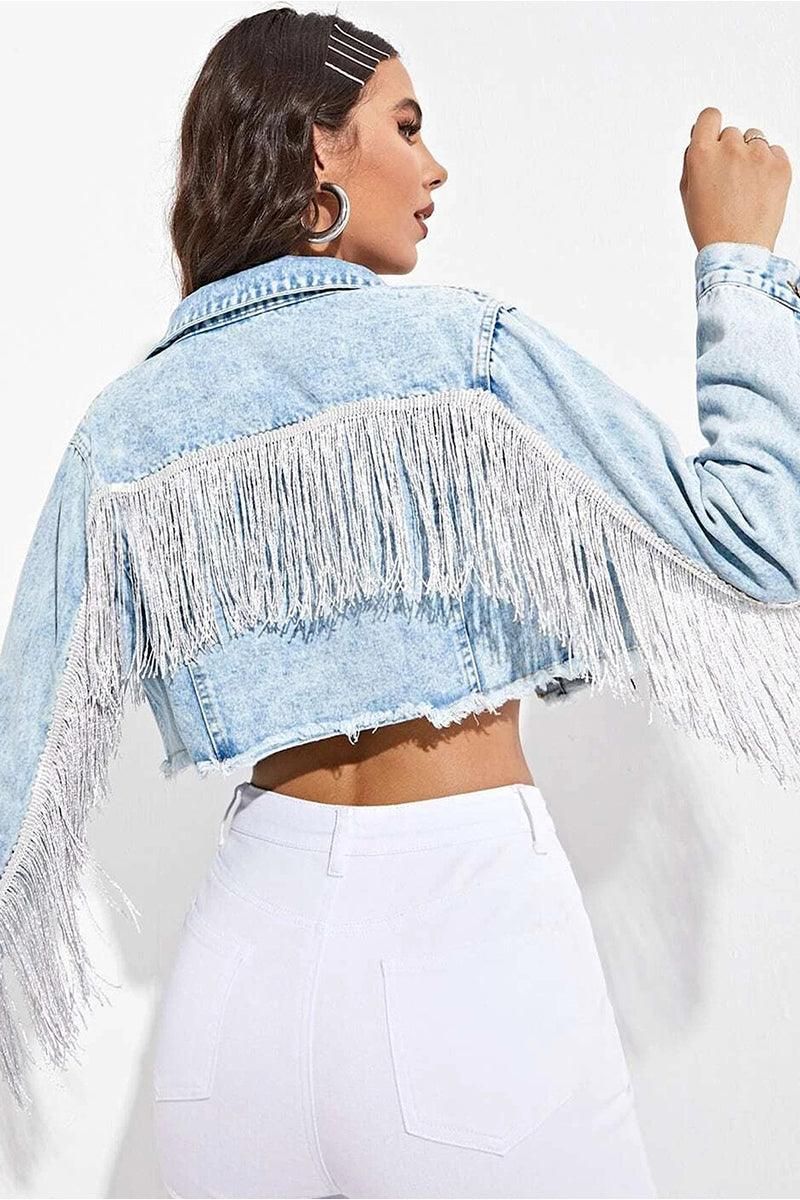 TASSEL DETAILED CROP DENIM JACKET - Doublju