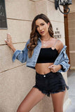 LONG SLEEVE CROP DENIM JACKET WITH POCKETS - Doublju