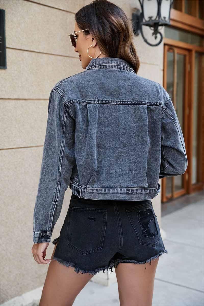 LONG SLEEVE CROP DENIM JACKET WITH POCKETS - Doublju