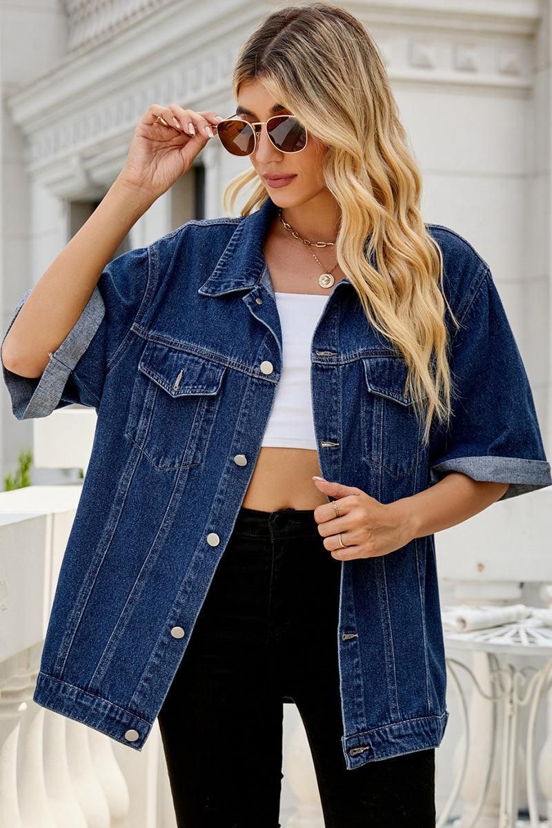 LOOSE BUTTON UP DENIM ROLL UP SLEEVES JACKET - Doublju