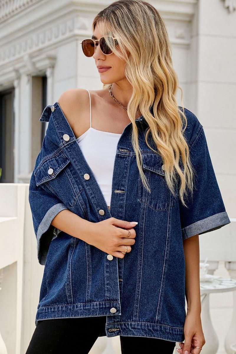 LOOSE BUTTON UP DENIM ROLL UP SLEEVES JACKET - Doublju