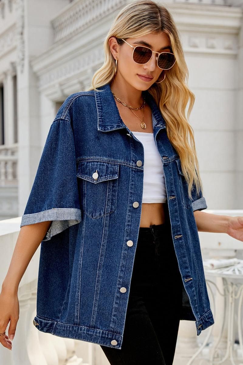 LOOSE BUTTON UP DENIM ROLL UP SLEEVES JACKET - Doublju