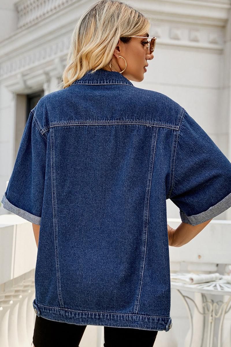 LOOSE BUTTON UP DENIM ROLL UP SLEEVES JACKET - Doublju