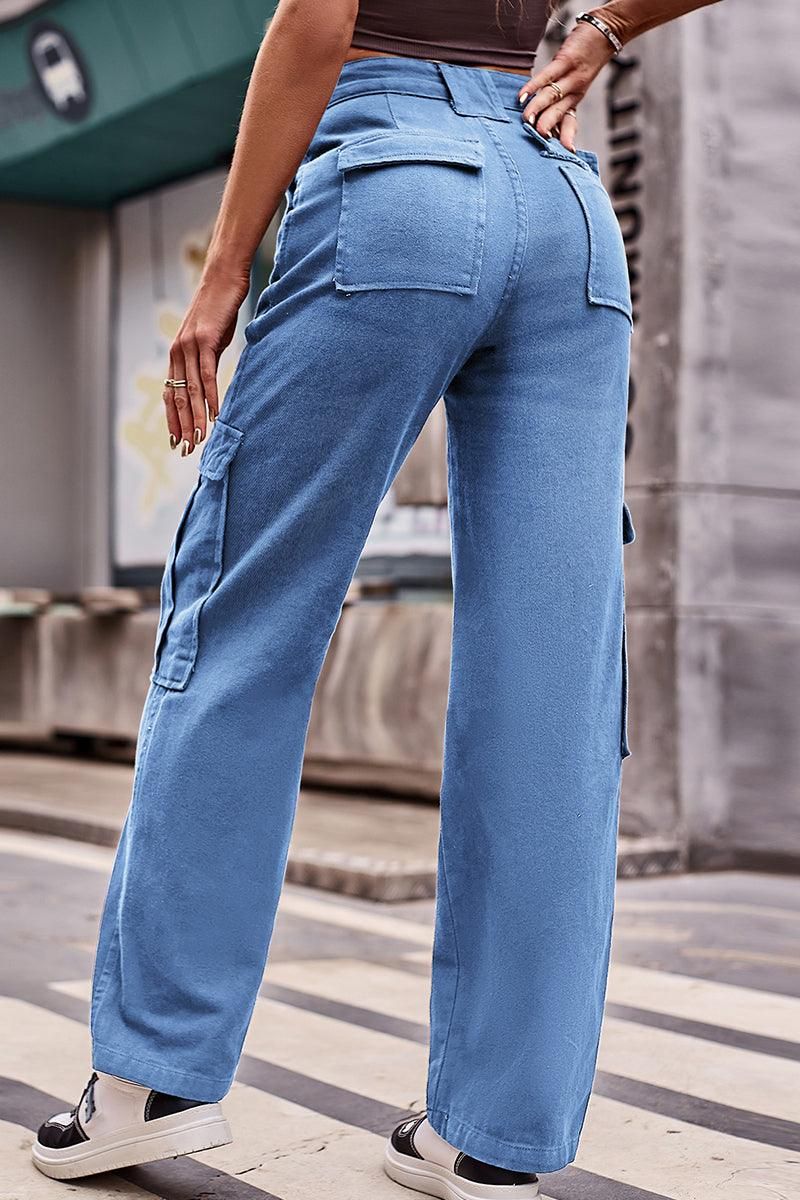 MULTI POCKET CASUAL DENIM PANTS - Doublju