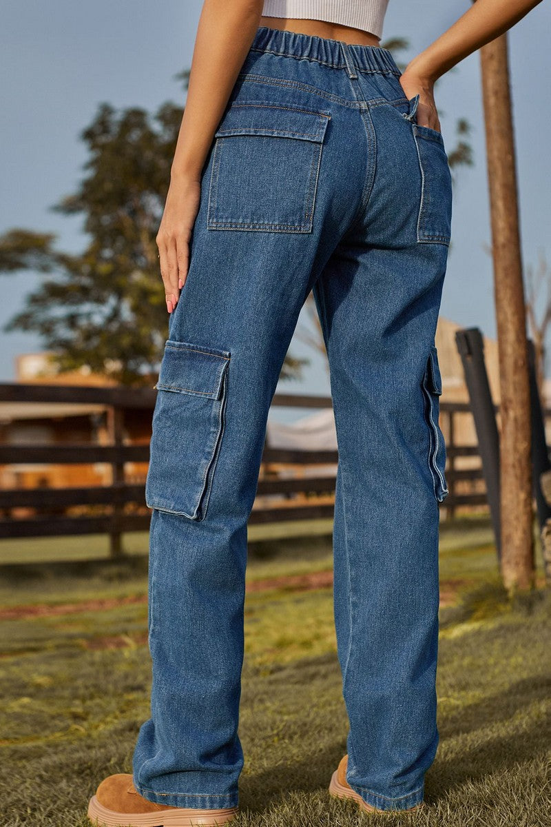 WOMEN STRAIGHT LEG DENIM PANTS JEANS WITH POCKETS