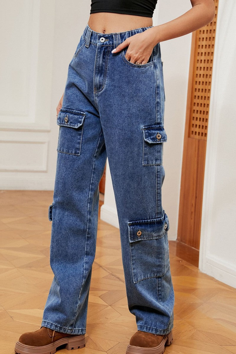 WOMEN WESTERN LOOSE FIT DENIM CARGO PANTS JEANS