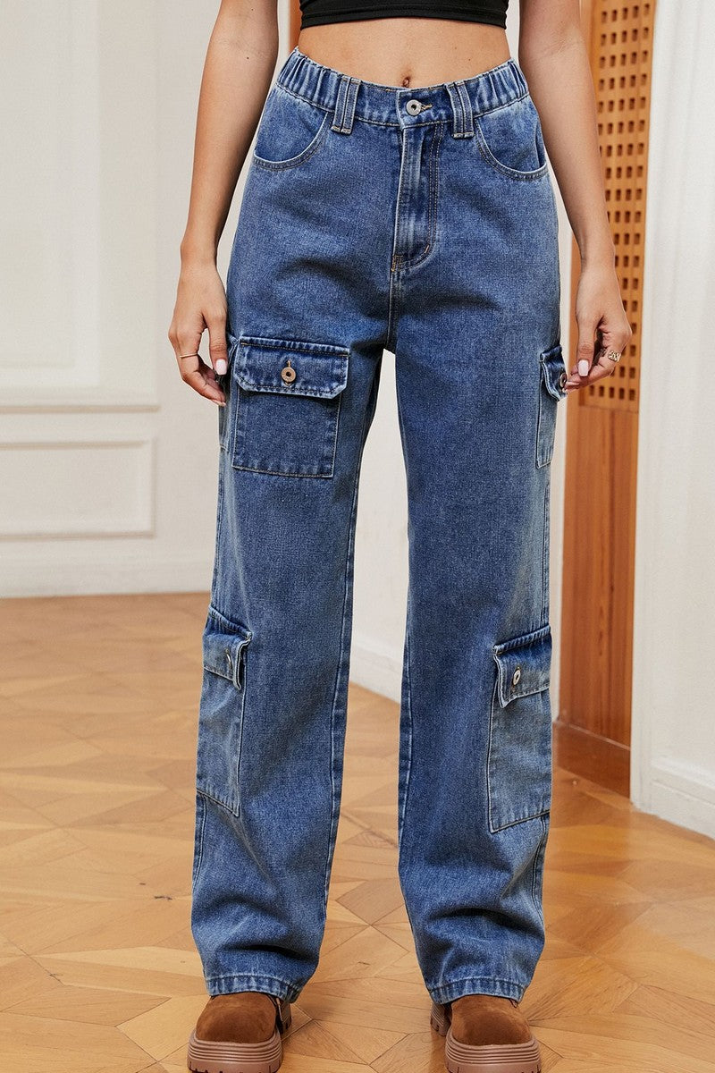 WOMEN WESTERN LOOSE FIT DENIM CARGO PANTS JEANS