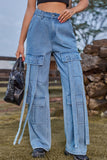 WOMEN ELASTIC WAIST DENIM CARGO PANTS JEANS