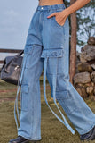 WOMEN ELASTIC WAIST DENIM CARGO PANTS JEANS