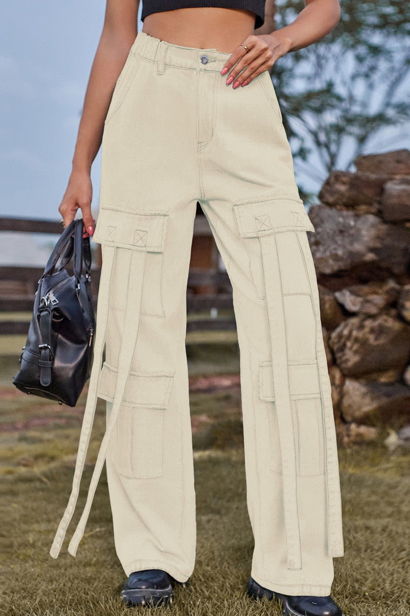 WOMEN ELASTIC WAIST DENIM CARGO PANTS JEANS