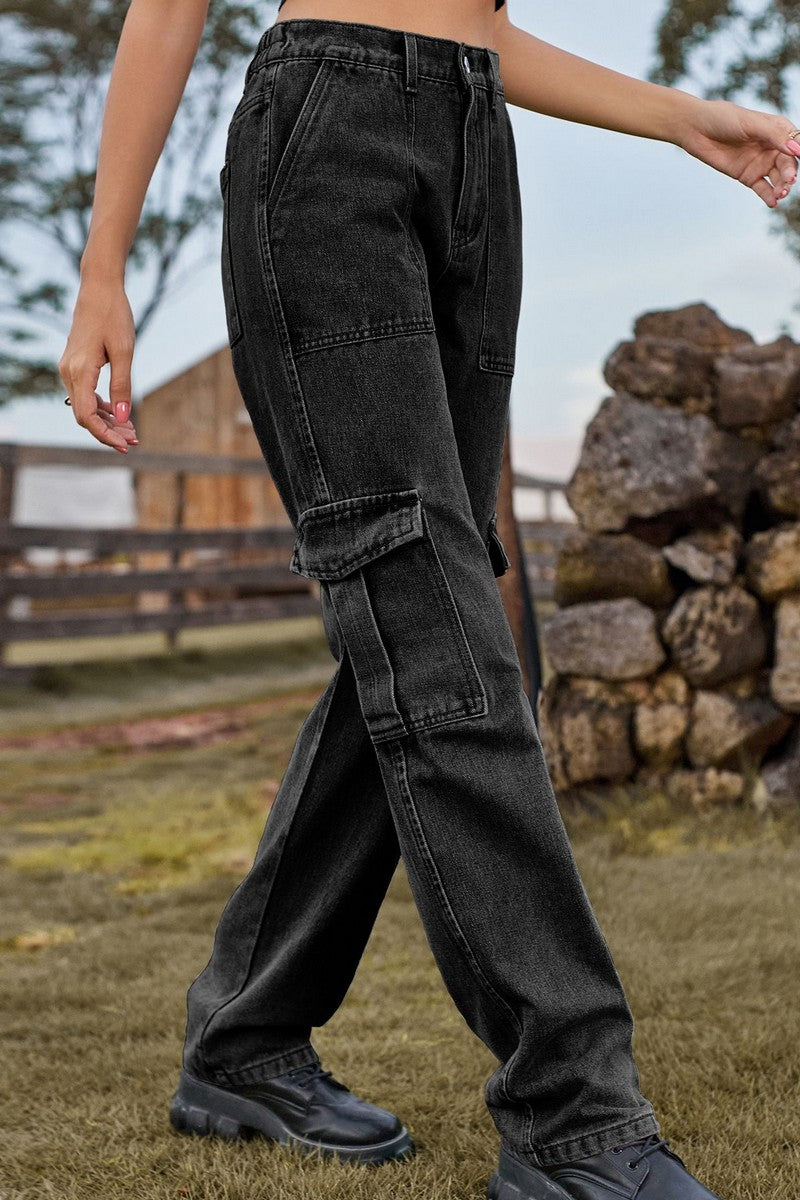 WOMEN STRAIGHT LEG DENIM CARGO PANTS JEANS