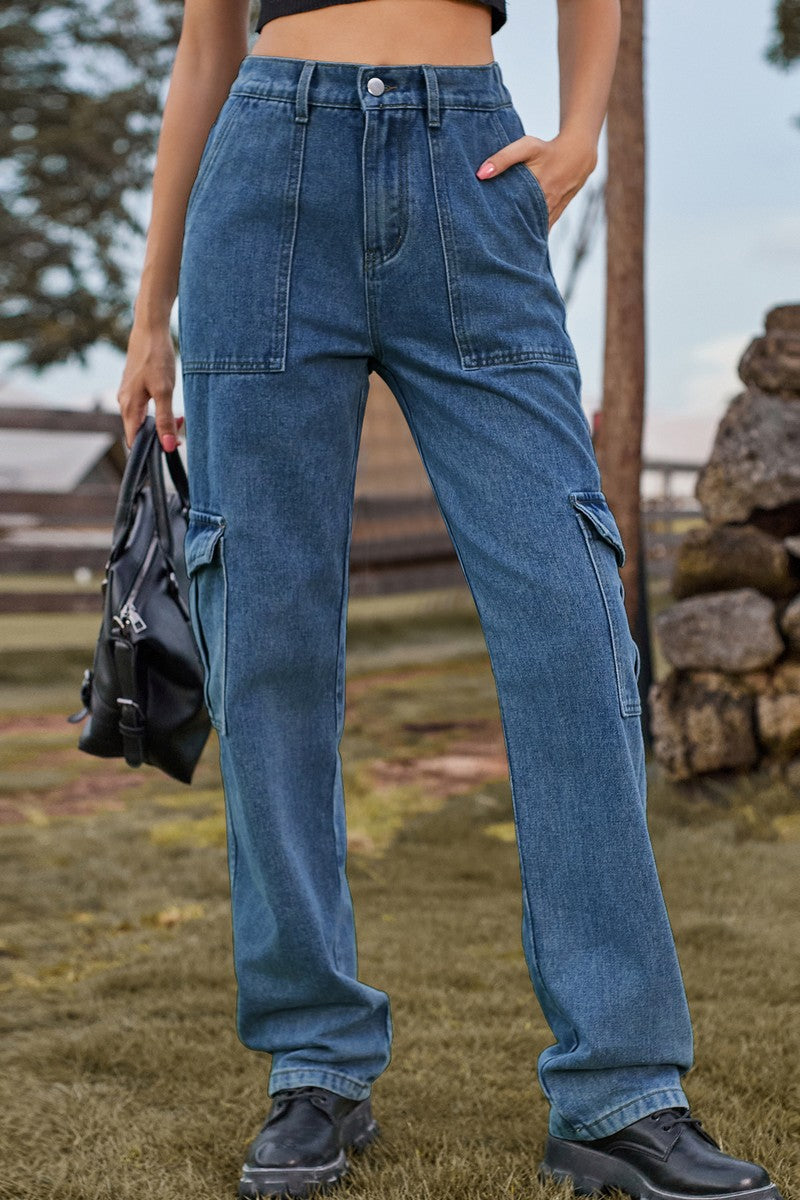 WOMEN STRAIGHT LEG DENIM CARGO PANTS JEANS