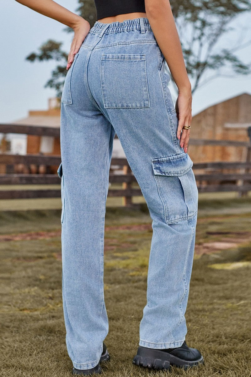 WOMEN STRAIGHT LEG DENIM CARGO PANTS JEANS