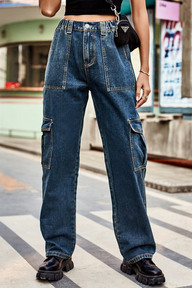 WOMEN COMFY ELASTIC WAIST DENIM CARGO JEANS