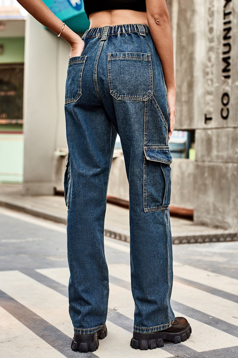 WOMEN COMFY ELASTIC WAIST DENIM CARGO JEANS