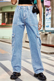 WOMEN COMFY ELASTIC WAIST DENIM CARGO JEANS