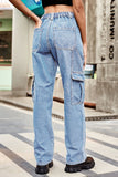 WOMEN COMFY ELASTIC WAIST DENIM CARGO JEANS