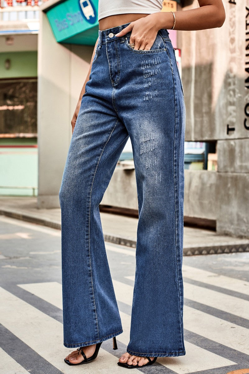 WOMEN FLARE WASHED DENIM PANTS CASUAL JEANS