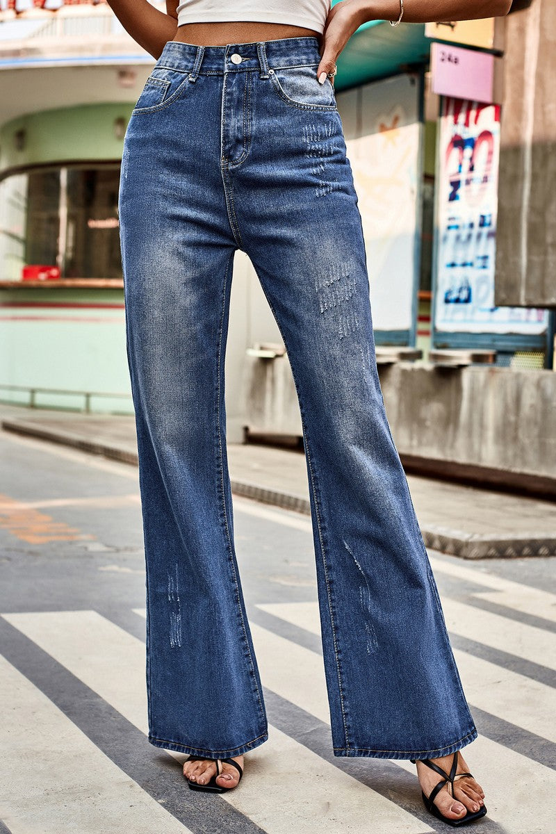 WOMEN FLARE WASHED DENIM PANTS CASUAL JEANS