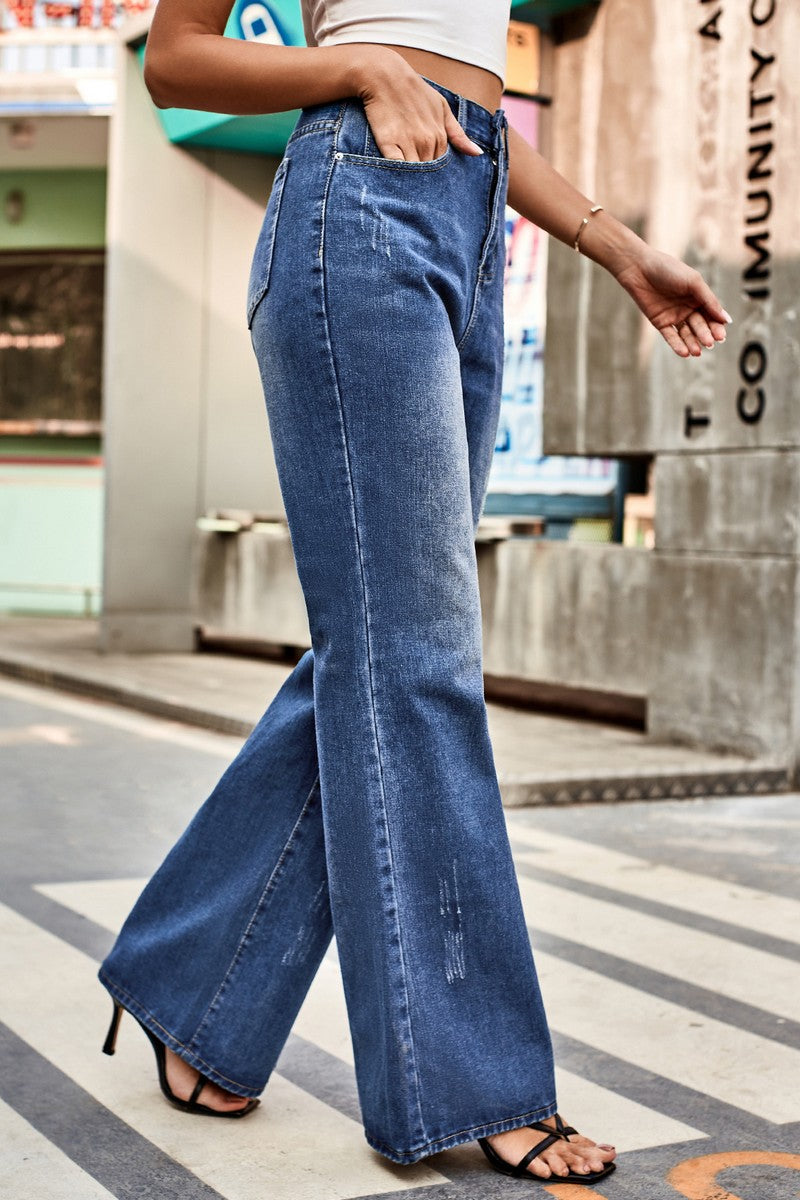 WOMEN FLARE WASHED DENIM PANTS CASUAL JEANS